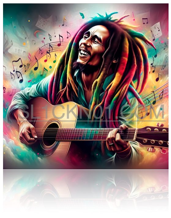 Illustration of Bob Marley playing a guitar, with colorful background featuring musical notes, embodying themes of unity and peace.